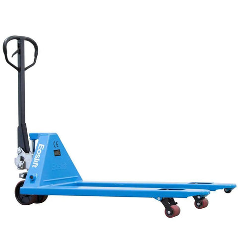 Heavy Duty Manual Pallet Jack Truck With 27X48 Inch Forks Designed To Move 6600 Lb Palletized Cargo Across Warehouse Docks And Home Sheds So You Get Your Hustle Done Effortlessly, blue color, side view