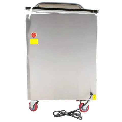 Back view of Boss Level Floor Model Chamber Vacuum Sealer With Dual Twenty Inch Seal Bars, stainless steel design with wheels.