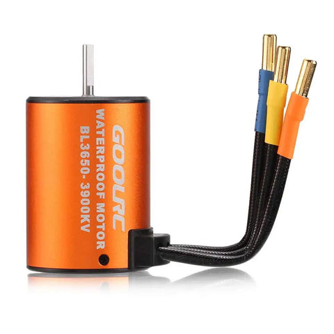 Waterproof 3650 3900KV Brushless Motor with visible wiring for RC cars and trucks, precision balanced rotor, high strength magnets.