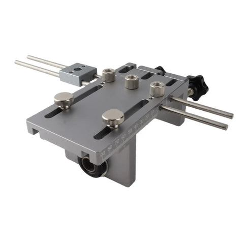 Heavy Duty Self Centering Dowelling Jig Kit For Accurate Woodworking Plus 6 8 10mm Bushings Clamp Board Side Hole Punch Tool For Fancy Furniture Cabinets And DIY Projects Made Easy, gray metal jig