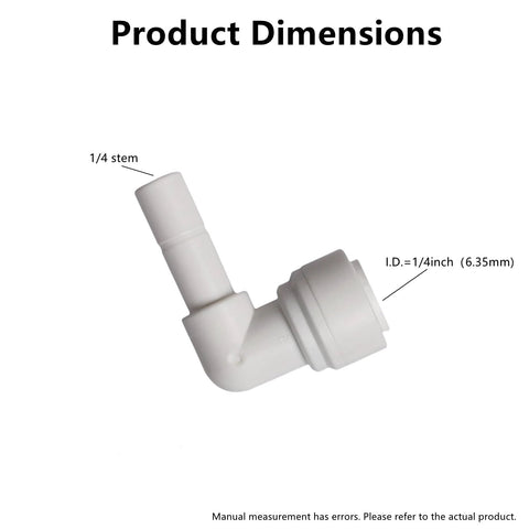 White plastic 90-degree elbow push-to-connect connector for 1/4 inch tubing for reverse osmosis system