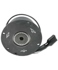 Front view of black circular electromagnetic brake motor disc with toothed inner bore and wiring connector