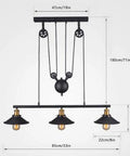 Fresh Vintage Industrial Billiard Chandelier Features Easily Adjustable Pulley Lift System In Classic Black Metal Three Light Ceiling Hanging Lamp dimensions and structure shown