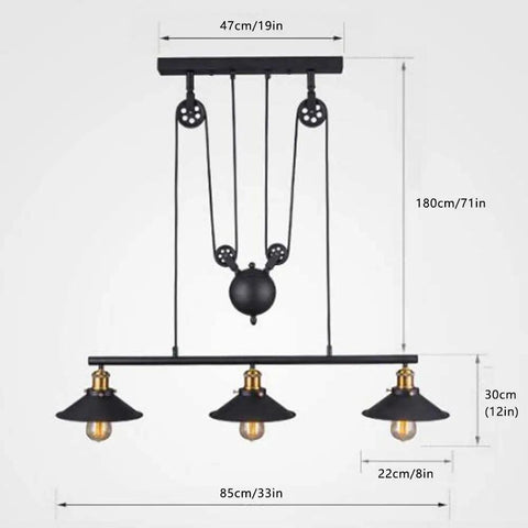 Fresh Vintage Industrial Billiard Chandelier Features Easily Adjustable Pulley Lift System In Classic Black Metal Three Light Ceiling Hanging Lamp dimensions and structure shown
