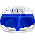 Twin Tub Semi Automatic Washer Engineered For A No Sweat Laundry Day With A Sleek Quiet Motor And Extended Hoses, top view showing blue wash and spin tubs.