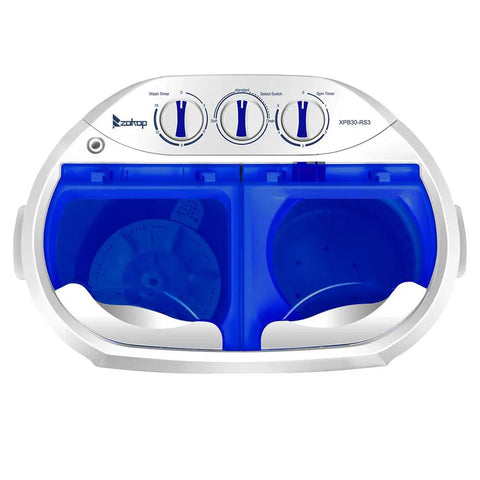 Twin Tub Semi Automatic Washer Engineered For A No Sweat Laundry Day With A Sleek Quiet Motor And Extended Hoses, top view showing blue wash and spin tubs.