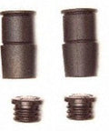 Disc brake caliper bushings set: four tall metal bushings and four small threaded pins, front view