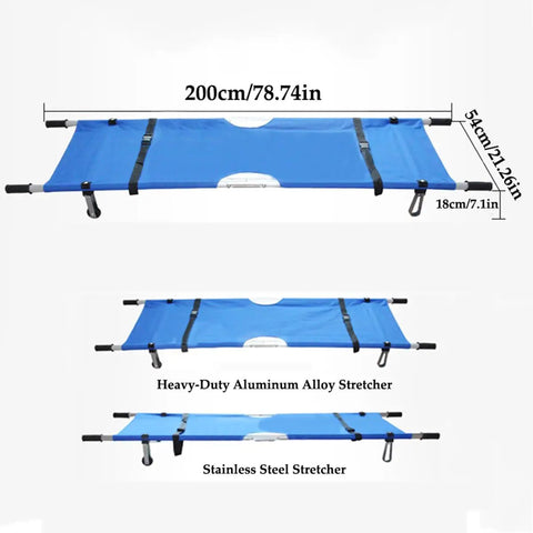 Heavy Duty Aluminum Folding Stretcher For Outdoor Rescue Rugged Portable First Aid Litter with blue fabric and dimensions shown