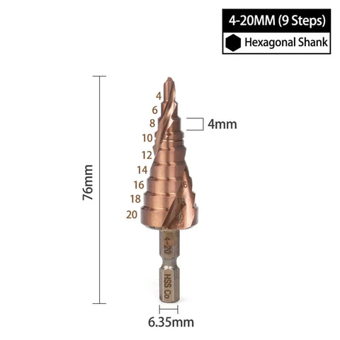 Upgrade Your Shop Game With This Epic 1Pc HSS M35 Cobalt Step Drill Bit That Drills Through Stainless Steel Like Butter. featuring a rugged Hex Shank And Spiral Groove Design, This Versatile Tool Handles Tiny To Medium Sized Holes Effortlessly Without. 4-20mm hex shank step drill bit for stainless steel, 76mm long