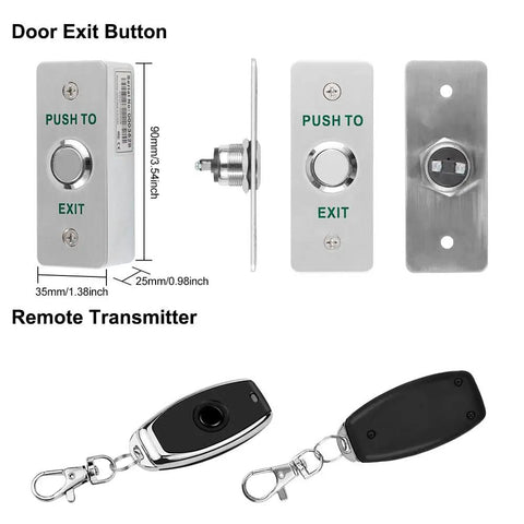 WiFi Tuya Access Control Magnetic Door Lock Kit With Remote And App Control showing door exit button and remote transmitter