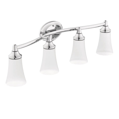 Eva 4 Light Dual Mount Bath Vanity Fixture With Frosted Glass In Chrome Finish flexible up or down mounting displayed horizontally