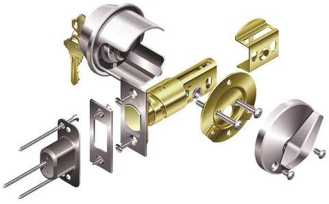 Pro Grade Commercial Grade 2 Single Cylinder Deadbolt With C Keyway Satin Chrome Finish For One And Three Eighths To One And Seven Eighths Inch Doors 12287 Latch And 10094 Strike Inside Turn Lock Durable High Traffic Door Hardware, exploded view