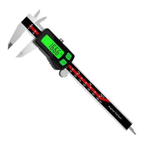 Stainless Steel Digital Caliper, Rechargeable Large Screen Green Backlight showing measurement with bright green display.
