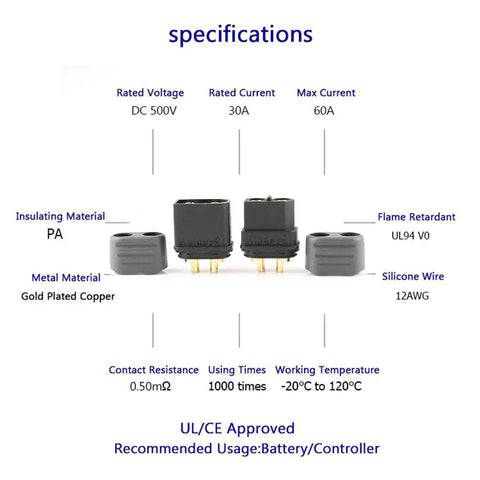 XT60H Bullet Connector Set 10 Pair Male And Female For RC Lipo Battery Parts with specs on voltage and materials