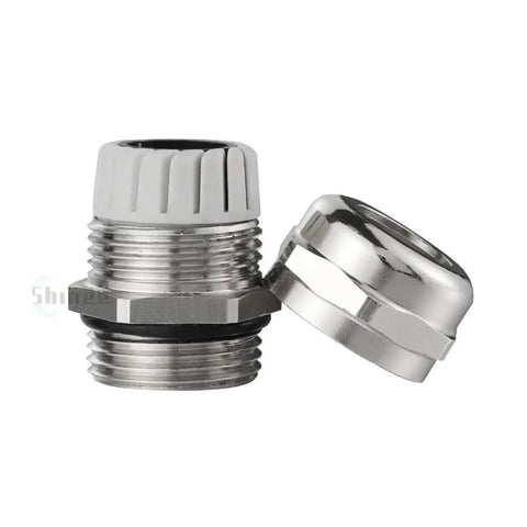 Close-up of 8Pcs 304 Stainless Steel Waterproof Cable Glands IP68 PG7 M12 M16 seal with metal grip and rubber inside for wire protection.