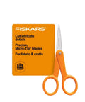 Premier No 5 Micro Tip Orange Handled Fabric Scissors With Double Loop Handle next to packaging showing use for intricate details.