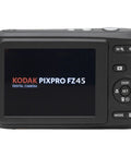 Back view of FZ45 Digital Camera with 16MP Sensor, 4X Optical Zoom, 27MM Wide Angle, Full HD 1080P Video, black and compact design.