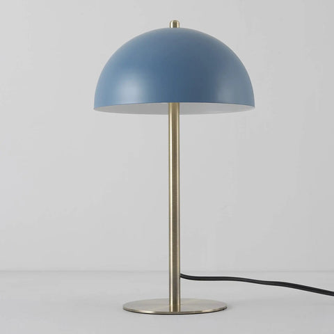 Blue Desk Lamp With Brass Accents, 15 Inch Modern Mushroom Shade on white background
