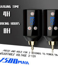 Wireless Tattoo Pen Kit For Beginners With 10 Needles And 7 Ink Colors, showing power display and charging details