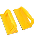 Two yellow woodworking push sticks for precise cuts, with ergonomic grips and durable plastic construction, ideal for safe woodworking.