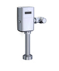 Top Shelf Water Powered Touchless Toilet Flush Valve With Sleek Polished Chrome Hardware mounted on restroom wall.