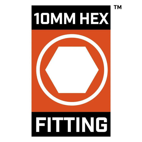Label showing 10mm hex fitting, orange background with hexagonal icon and text '10MM HEX' and 'FITTING.'