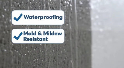 Waterproofing and Mold & Mildew Resistant indicators shown on a concrete surface for Super Slick Basement Sealer White 5 Gallon For Concrete And Masonry Surfaces Offers Killer Resistance To 15 Psi Hydrostatic Pressure Dishing Out A Sweet Smooth Finish Low Voc Eco Formula Makes Water Clean Up A Piece Of Cake For Chill Diy Grinds.