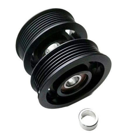 Upgrade Your Ride With This Smooth Supercharger Double Pulley Drive Belt Idler Set For M113K Engines In Cls55 Sl55 S55 And G55 Models From 2003 To 2008 Featuring Direct Fit Numbers 1132020419a And 1132020419 showing black double pulley idler set and a spacer.