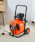 Game Changing 100 Feet Auto Feed Drain Cleaning Machine With Pneumatic Foot Pedal, featuring a sturdy orange drum and steel coil.