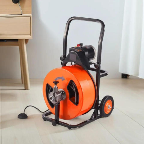 Game Changing 100 Feet Auto Feed Drain Cleaning Machine With Pneumatic Foot Pedal, featuring a sturdy orange drum and steel coil.