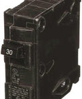 Single Pole Thirty Amp QP Circuit Breaker For One Twenty Volt Load Panels With Ten Thousand Amp Rating, black, compact design.