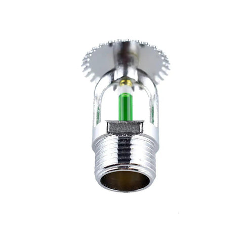 Straight Up Heavy Duty Upright Fire Sprinkler Heads 6 Pack Quick Response 199F Nickel Plated Copper 1/2 Inch Pipe Thread view of sprinkler with green glass bulb.