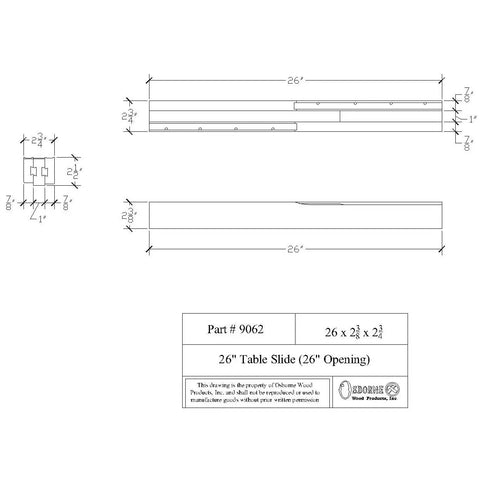 Heavy Duty Wooden Table Slide Set Includes A Pair Of Super Smooth Sliders For Four Leg Dining Tables, 26-inch dimensions shown in diagram.