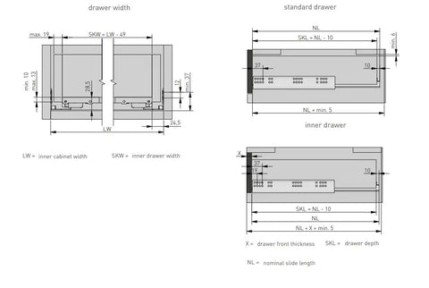 Technical diagram showing dimensions for 3D Adjustable Soft Close Full Extension Drawer Slides, Undermount Ball Bearing Runners, 250mm
