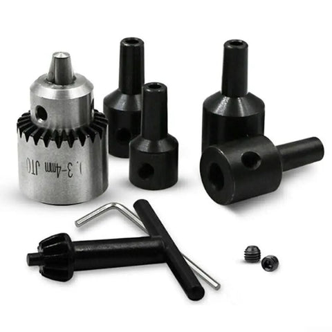 Quick Change Drill Chuck Kit With 2.3mm And 3.17mm Brass Shafts, includes hex wrench and adapters for 0.3mm to 4mm drill bits.
