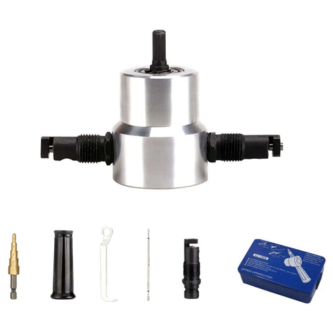 Double Head Metal Nibbler Cutter for Drill with 360 Degree Rotating Cutting Tool, accessories, and storage box.