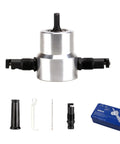 Heavy Duty Electric Sheet Metal Nibbler With Iron Sawer Punching Shears Drill Attachment. Includes drill mount and accessories for cutting tasks.
