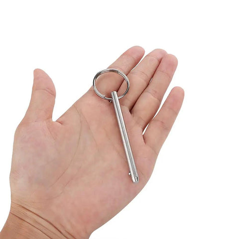 Hand holding 2 Pack Quick Release Pin For Bimini Tops And Marine Hardware Diameter Three Sixteenth Inch Overall Length Two And One Half Inches Usable Length Two Inches Made From Marine Grade 316 Stainless Steel.