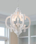 Farmhouse Six Light Wood Chandelier In Distressed White With Cozy Vibe And Warm Glow For Dining Room Kitchen Living Room Bedroom Hallway Cottage Pendant Light Vintage Rustic Style 21 Inch hanging in a room