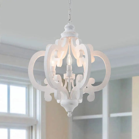 Farmhouse Six Light Wood Chandelier In Distressed White With Cozy Vibe And Warm Glow For Dining Room Kitchen Living Room Bedroom Hallway Cottage Pendant Light Vintage Rustic Style 21 Inch hanging in a room