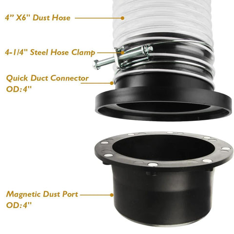 O'SKOOL 4-inch port magnetic dust collector system with dust hose, steel clamp, duct connector, magnetic dust port