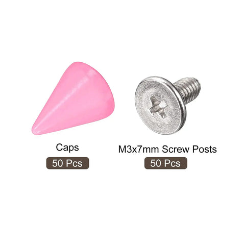 Badass Pink Cone Spike Studs And Screw Back Rivets For Leather Craft Bag Repair Hella Durable Carbon Steel Metal Hardware Kit With 50 Sets, 7mm pink spike and silver screw post.