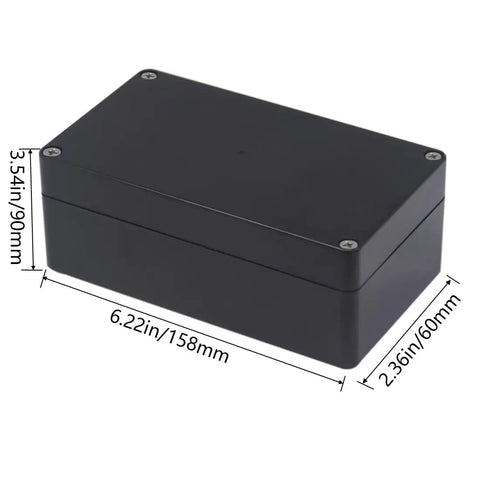 Beefy Heavy Duty ABS Outdoor Electrical Box IP65 Waterproof Junction Box With Cable Glands, Weatherproof Power Enclosure For DIY Electronics Projects, 6.22 X 3.54 X 2.36 Inches, Black, top view with size labels