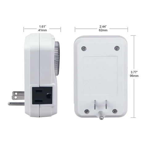 2 Pack Indoor 24 Hour Daily Repeat Timer With Two Grounded Outlets And No Sweat Plug And Play setting, side view with dimensions.