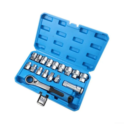 Precision Built 17 Piece Socket Wrench Set With 12 Point Pass Through Design And Chrome Vanadium Steel in blue case.