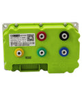 Heavy Duty Programmable Motor Controller For Electric Scooter And Motorcycle Boost Throttle Response With Easy Tune Options And Knockout Torque. Green casing with multiple connection ports.