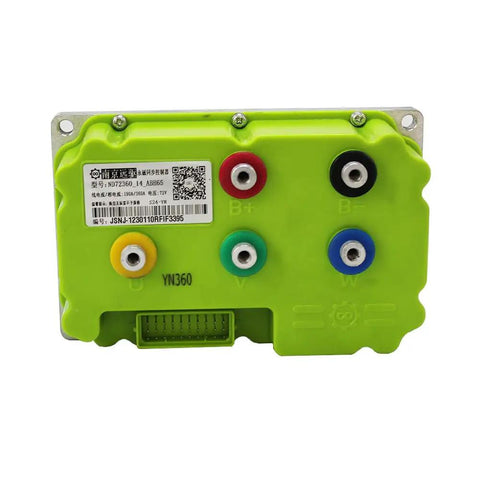 Heavy Duty Programmable Motor Controller For Electric Scooter And Motorcycle Boost Throttle Response With Easy Tune Options And Knockout Torque. Green casing with multiple connection ports.