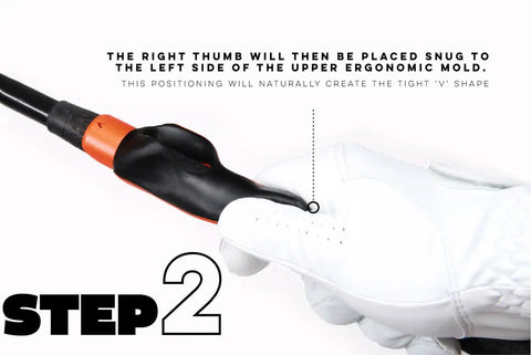 Left-Handed Golf Grip Trainer Attachment For Dialing In Your Grip And Consistent Swings On The Club, shown in use, close-up