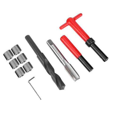 Heavy Duty Stainless Steel Thread Repair Kit With Twisted Drill And Wrench For Fixing Stripped Screws In Home Or Garage Projects Perfect For Any Tough DIY Job That Needs A Quick And Durable Fix Without Breaking The Bank. stainless steel thread repair kit with drill, tap, wrench, and inserts