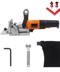 Heavy Duty Electric Tenoning And Mortising Machine With Biscuit Jointer Slotting Tool For Cabinet And Furniture Work side profile with accessories.